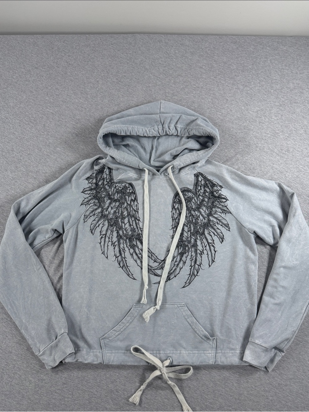 Affliction Stretch Hoodie Wings Gray Womens Cinch Waist Flaws